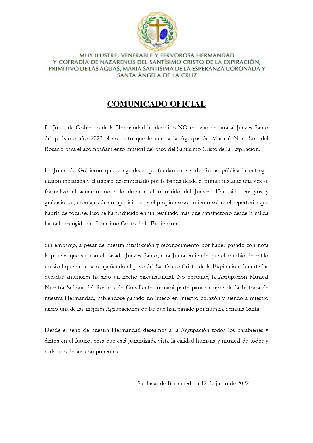 Comunicado Oficial sobre No renovacin del Contrato con la AM Ntra Sra Rosario